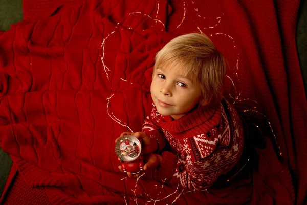 Cute Child Boy Playing Decorated Room Christmas Cozy Place — Stock Photo, Image