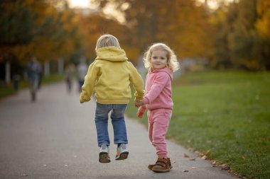 Tatlı sarışın çocuk, erkek ve kız, sonbahar parkında gün batımında yürüyor, güzel doğanın tadını çıkarıyor, sonbahar zamanı