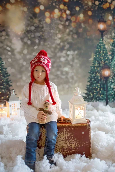 提着手提箱和小姜鼠玩具的蹒跚学步的小孩 走在雪地的森林里 圣诞节的主题照片 图库图片