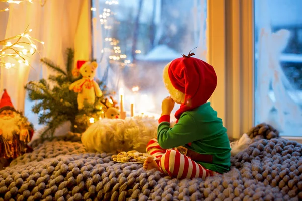 Cute Toddler Child Pajama Sitting Fury Blanket Next Window Looking — Stock Photo, Image
