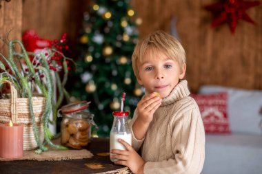 Güzel sarışın çocuk, genç okul çocuğu, Noel 'de süslü bir evde örülmüş oyuncaklarla oynuyor.