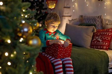 Sevimli anaokulu çocuğu, evcil köpeği olan sarışın çocuk, evde hediyeleri açıyor, evde süslenmiş Noel odası.