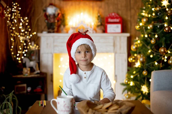 Beautiful Blond Child Young School Boy Writing Letter Santa Claus — Stock Photo, Image