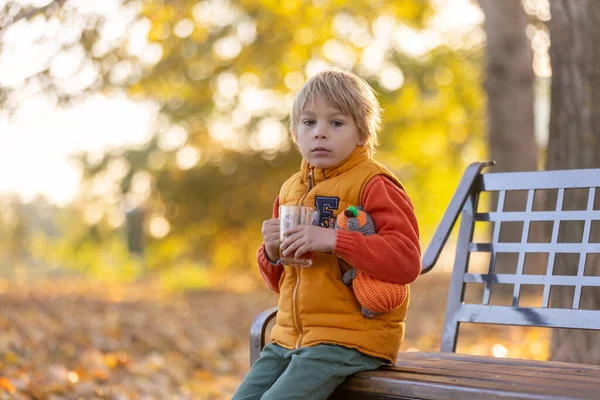 Güzel Sarışın Anaokulu Çocuğu Sabah Güneş Doğarken Parkta Oturuyor Sonbahar — Stok fotoğraf