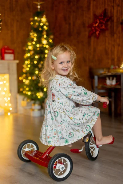 Beautiful Children Blond Kids Siblings Playing Decorated Home Christmas Enjoying — Stock Photo, Image