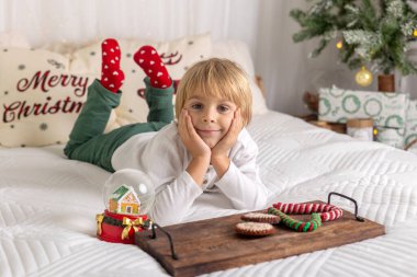Güzel sarışın çocuk, genç okul çocuğu, süslü bir evde okul için ödev yazıyor, süt içiyor ve kurabiye yiyor. Işıklar ve örgü oyuncaklar