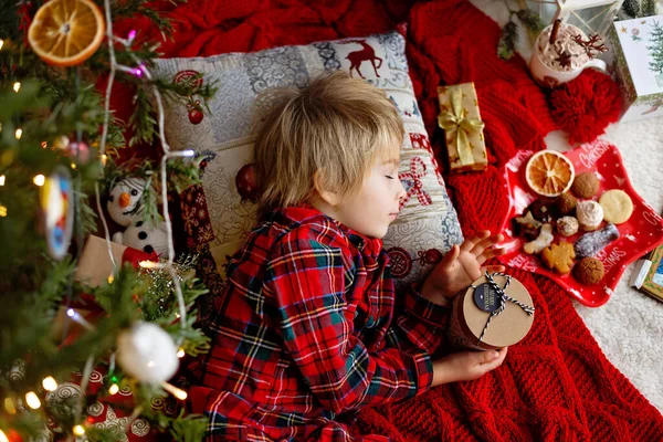 Cute Child Cute Blond Boy Sleeping Christmas Tree Waiting Santa — Stock Photo, Image