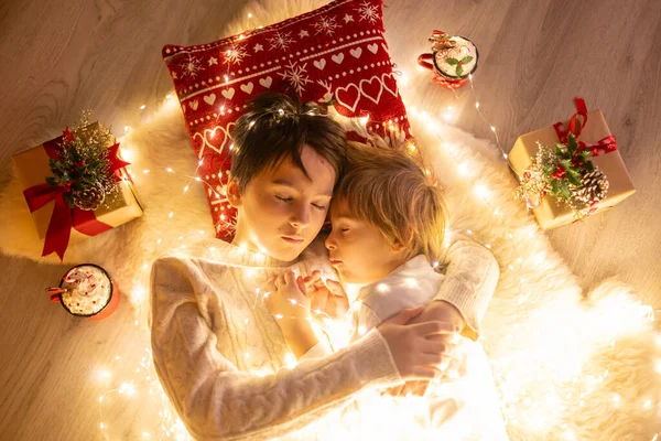 Sweet Amazing Cute Children Boy Brothers Hugging Home Front Fireplace — Stock Photo, Image