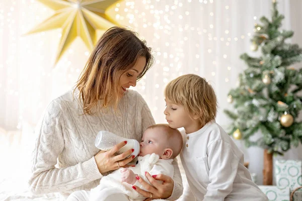 Mutlu aile, yeni doğan bebek ve abiler, Noel 'de annem evde.