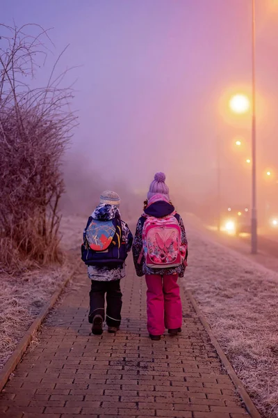 Tatlı Çocuk Oğlum Sabahları Dondurucu Soğuk Okula Gitmek Kışın — Stok fotoğraf