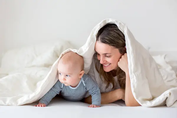 Mother Her Little Baby Boy Playing Together Bedrroom Happy Family — Stock Photo, Image