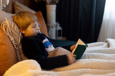 Çocuk, okul çocuğu, evde kitap okumak, güneşli sıcak bir yatak odası.