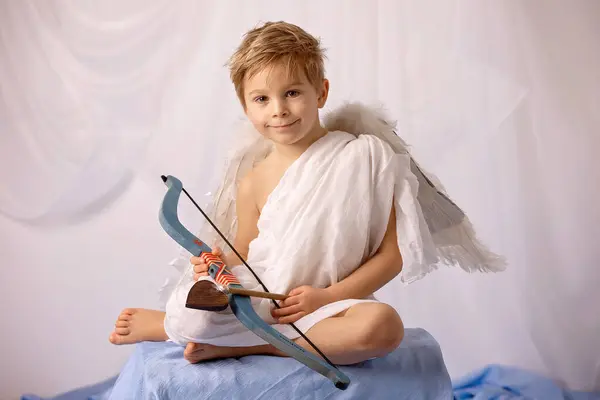 Little Cupid Toddle Boy Holding Bow Arrow Beautiful Blond Cherub — Stockfoto