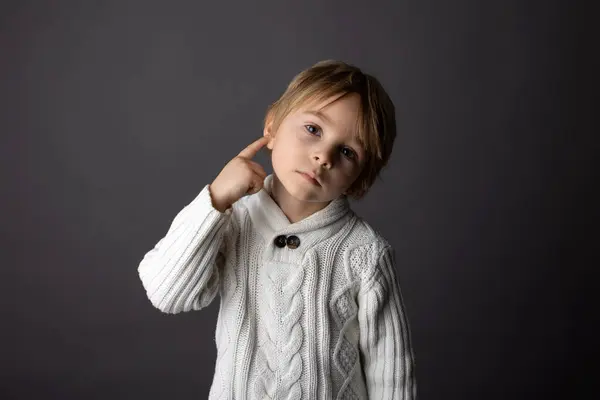 Cute Little Toddler Boy Showing Deaf Gesture Sign Language Gray — Stock Photo, Image