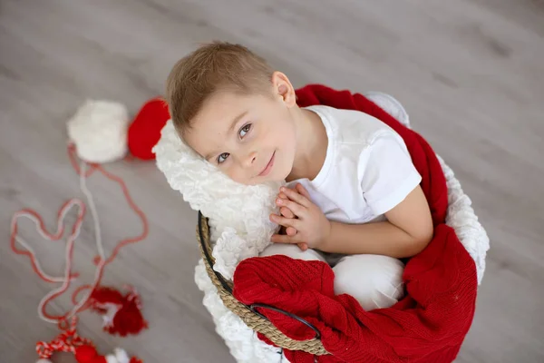 Cute Child Blond Boy Playing White Red Bracelet Bulgarian Martenitsa — Stock Photo, Image