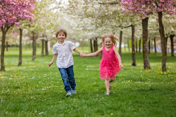 Glücklich Schönes Kind Kind Spielend Mit Kleinen Schönen Entchen Oder — Stockfoto