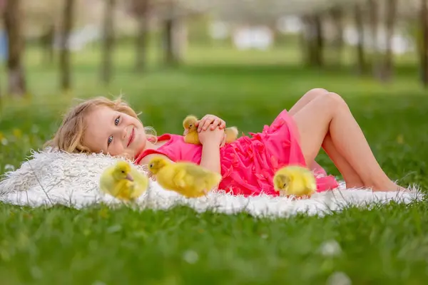 Glücklich Schönes Kind Kind Spielend Mit Kleinen Schönen Entchen Oder lizenzfreie Stockbilder