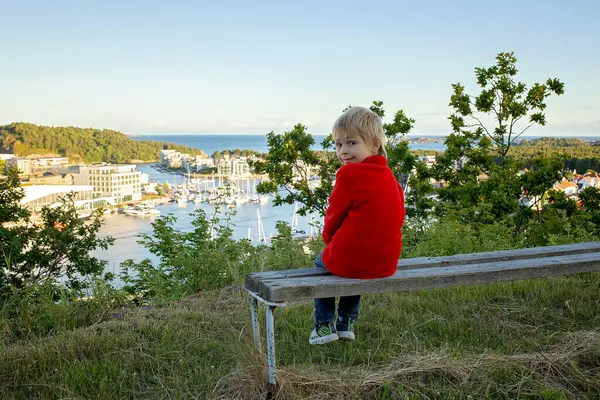 stock image Family visiting town Mandal in Norway, view from the viewpoint Uranienborg to the city Mandal in Norway