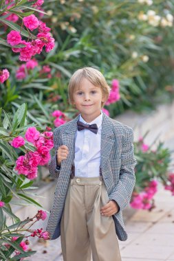 Takım elbiseli, kravatlı ve fiyonklu akıllı çocuklar Monako-Ville, Monako 'da evleri olan dar bir sokakta yürüyorlar. İş kıyafetleri, gençler ve anaokulu çocuğu ve annesi.