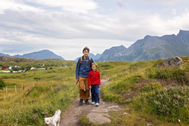 Ebeveynleri ve köpekleri olan mutlu çocuklar, Avrupalı aileler, Norveç 'in Kvalvika sahilindeki tepede yürüyüş yapıyorlar.