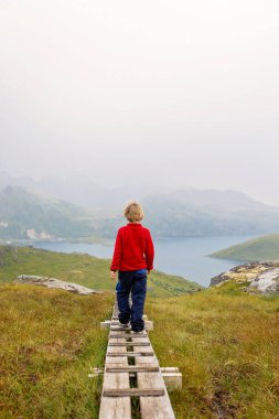 Happy children with parents and dog, european family, hiking the Kvalvika trail on hill at Kvalvika beach, Norway summertime clipart