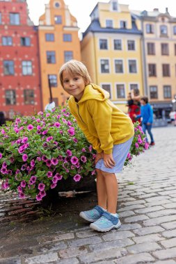 Young preschool child, visiting city of Stockholm with his family, summertime, Sweden clipart