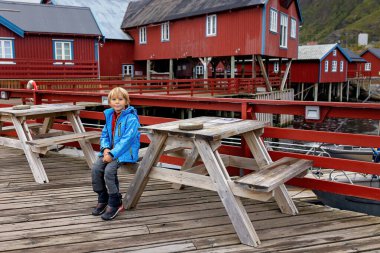 Kuzey Norveç, Lofoten 'in sonundaki küçük bir köyün manzarasının tadını çıkaran sevimli küçük bir çocuk.