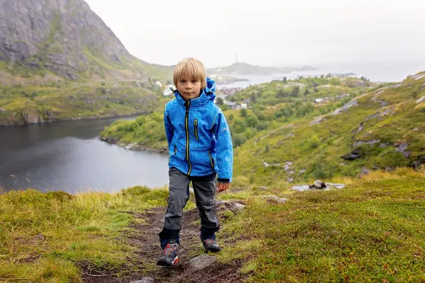 Kuzey Norveç, Lofoten 'in sonundaki küçük bir köyün manzarasının tadını çıkaran sevimli küçük bir çocuk.