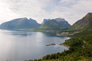 Çocuklar, 44 metre uzunluğundaki izleme platformunun kenarında durarak, Bergsfjord 'un suyuna bakarak, Kuzey Norveç' teki Senja adasının manzarasının tadını çıkarıyorlar.