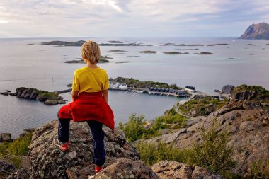 Çocuklu ve evcil hayvanlı aile, çocuklar ve yetişkinler Norveç 'in Senja adasında Sukkertoppen yolunda yürüyüş yapıyorlar.