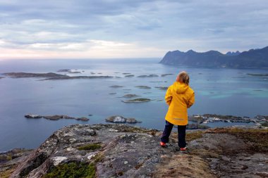 Çocuklu ve evcil hayvanlı aile, çocuklar ve yetişkinler Norveç 'in Senja adasında Sukkertoppen yolunda yürüyüş yapıyorlar.