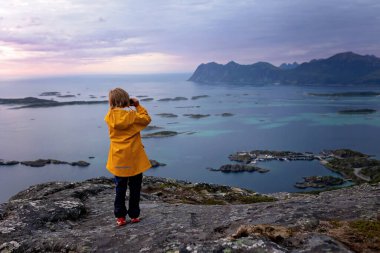 Çocuklu ve evcil hayvanlı aile, çocuklar ve yetişkinler Norveç 'in Senja adasında Sukkertoppen yolunda yürüyüş yapıyorlar.
