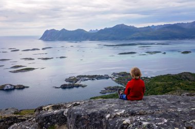 Çocuklu ve evcil hayvanlı aile, çocuklar ve yetişkinler Norveç 'in Senja adasında Sukkertoppen yolunda yürüyüş yapıyorlar.