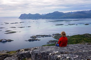 Çocuklu ve evcil hayvanlı aile, çocuklar ve yetişkinler Norveç 'in Senja adasında Sukkertoppen yolunda yürüyüş yapıyorlar.