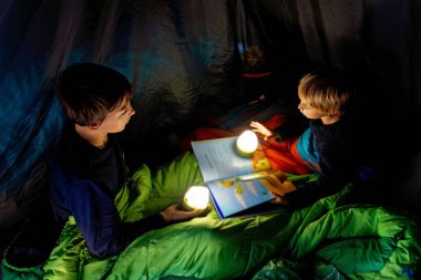 Children, boys siblings, enjoying a night in a tent in camping, laughing and reading books clipart