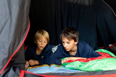 Çocuklar, çocuklar kardeşler, kampta bir çadırda eğleniyorlar, gülüyorlar ve kitap okuyorlar.