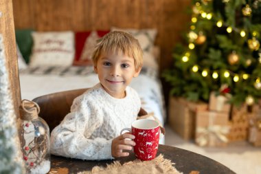 Sevimli çocuk, Noel 'de evinde Noel fincanı taşıyan çocuk.