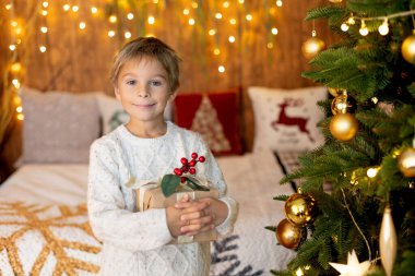 Tatlı sarışın çocuk, çocuk, Noel 'i evde kutluyor, tatiller için dekore edilmiş oda, çocuk kitapları okuyor ve oyun oynuyor.