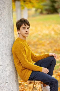 Şirin sarışın çocuk, çocuk, parkta örgü oyuncaklarla oynuyor, sonbahar zamanı, mantarlar, yapraklar, balkabakları