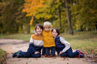 Mutlu bir aile, çocuklu bir anne, sonbahar resimleri parkta çekiliyor, çocuklar oyun oynuyor.