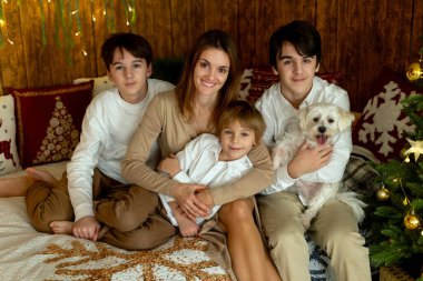 Noel 'de mutlu bir aile, birlikte güzel vakit geçiriyoruz, çocuklar ve yetişkinler Noel arifesinde süslü evde evcil köpekleriyle.