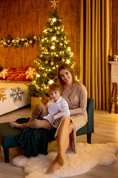 Noel 'de mutlu bir aile, birlikte güzel vakit geçiriyoruz, çocuklar ve yetişkinler Noel arifesinde süslü evde evcil köpekleriyle.