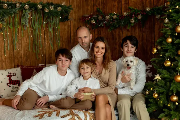 Noel 'de mutlu bir aile, birlikte güzel vakit geçiriyoruz, çocuklar ve yetişkinler Noel arifesinde süslü evde evcil köpekleriyle.