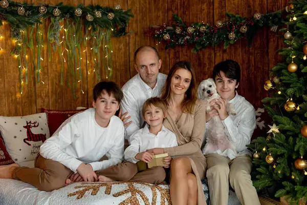 Noel 'de mutlu bir aile, birlikte güzel vakit geçiriyoruz, çocuklar ve yetişkinler Noel arifesinde süslü evde evcil köpekleriyle.