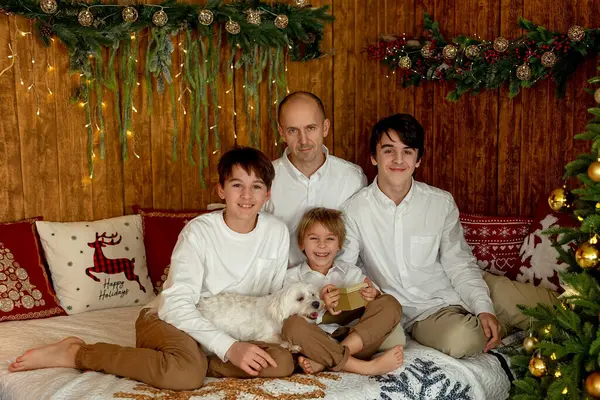 Noel 'de mutlu bir aile, birlikte güzel vakit geçiriyoruz, çocuklar ve yetişkinler Noel arifesinde süslü evde evcil köpekleriyle.