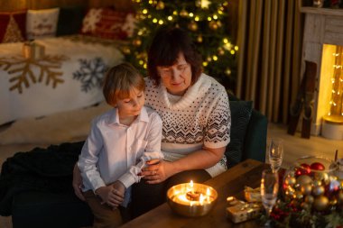 Noel 'de mutlu bir aile, birlikte güzel vakit geçiriyoruz, çocuklar ve yetişkinler Noel arifesinde süslü evde evcil köpekleriyle.