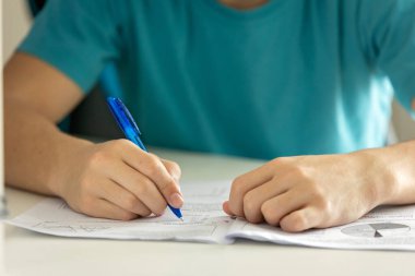 Okul çocuğu, ilkokul çocuğu, evde ortaokul sınavlarına hazırlanıyor, matematik ve dil öğreniyor.