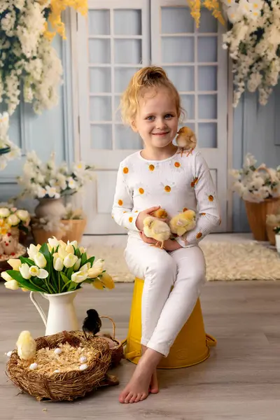 Sevimli küçük çocuklar, sarışın oğlan ve kız, evde küçük piliçlerle oynuyorlar, bebek piliçler ve çocuk