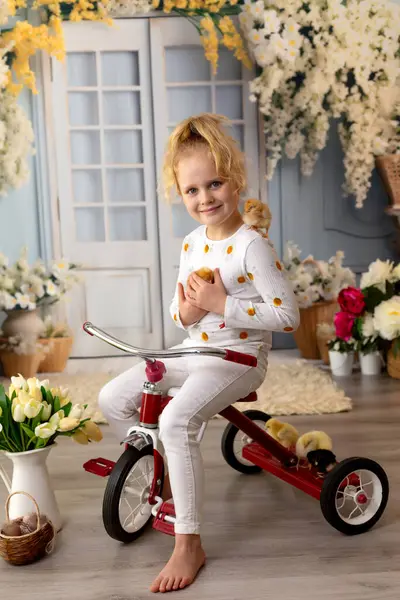 Sevimli küçük çocuklar, sarışın oğlan ve kız, evde küçük piliçlerle oynuyorlar, bebek piliçler ve çocuk