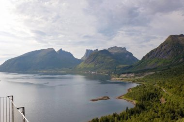 Çocuklar, 44 metre uzunluğundaki izleme platformunun kenarında durarak, Bergsfjord 'un suyuna bakarak, Kuzey Norveç' teki Senja adasının manzarasının tadını çıkarıyorlar.